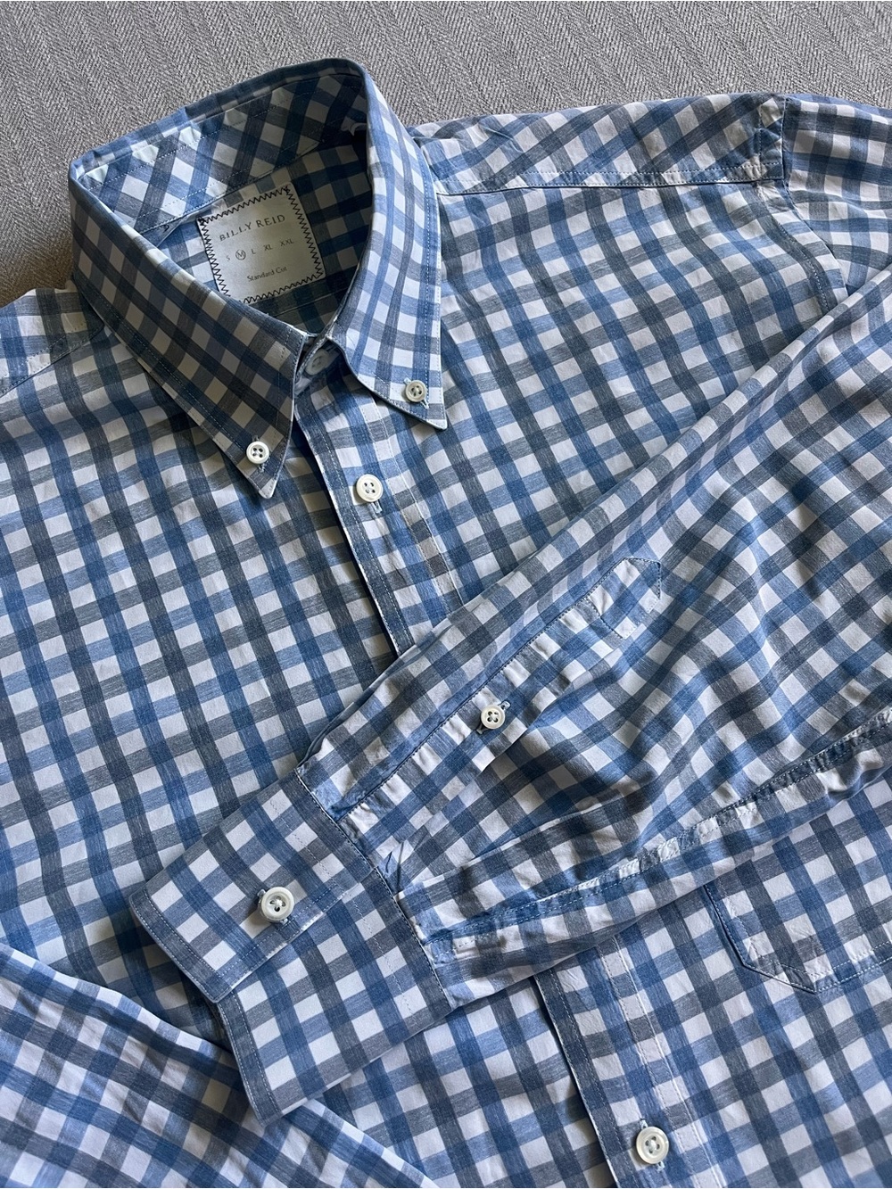 Billy Reid Standard Cut Blue Gray and White Gingham Cotton Button-Down Shirt